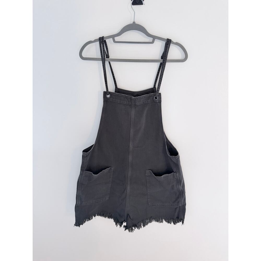 aerie Black Denim Overall Romper with Frayed Hem